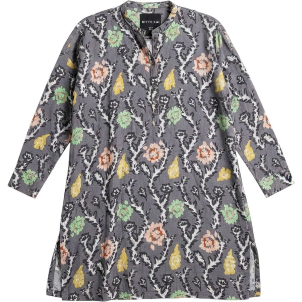 Bitte Kai Rand Grey Floral Ikat Cotton Dress Long Sleeve M Lagenlook Artsy Boho